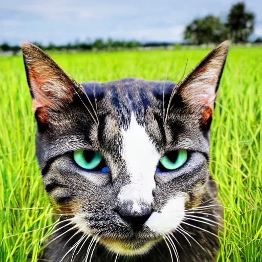 Prompt: cross between cat and cow body, surprised face ,photo, in a grassy field