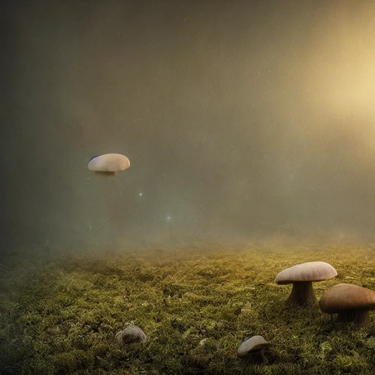 Image similar to a planet of various fungus, mushrooms and plants, inside the picture is infinity, Atmospheric phenomenon, artistic photography, muted colors, conceptual, long exposure outside the city, volumetric light