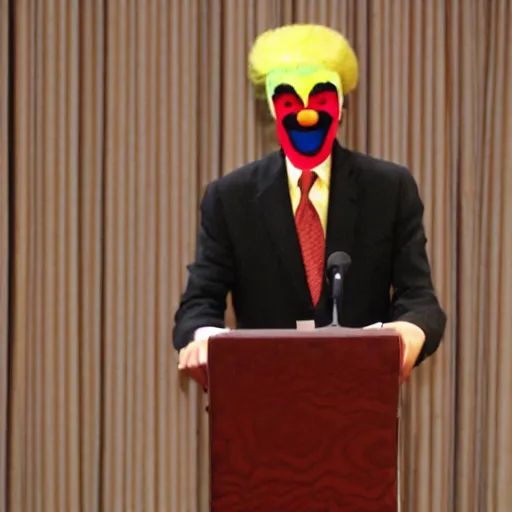 Image similar to string marionette of a president with clown makeup in a podium and a human shadow behind