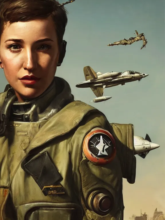Prompt: portrait of a young pilot from fallout 4 wearing pilot gear, short brown hair, art by ryo shiotani and greg rutkowski, intricate, beautiful, cute, cinematic lighting