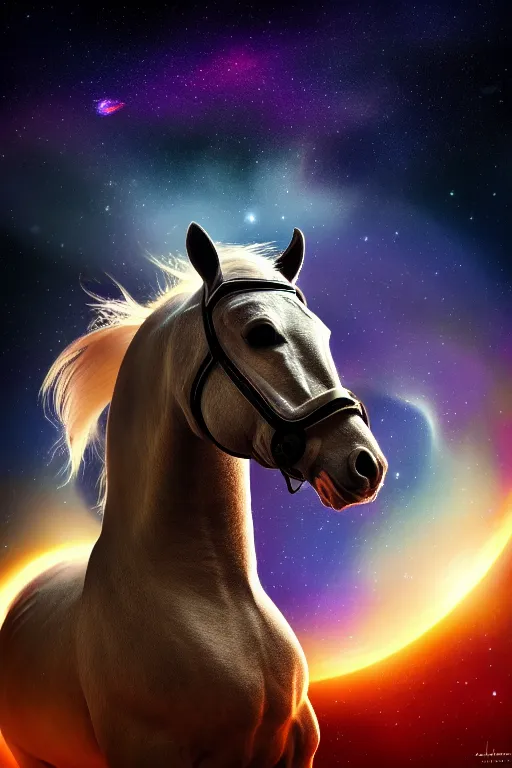 Image similar to astonaut horse, wearing space helmet, floating in space, nebulas and stars in background, space photography, ultrarealistic, sharp focus, intricate, ultra high definition, ultra resolution details, no duplicate, proportional, shadow effect, baroque environment