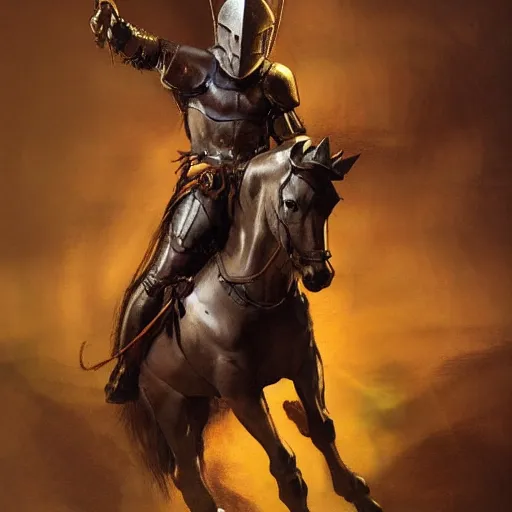 Image similar to knight riding a horse by frank frazetta, dynamic pose, chiaroscuro, fantasy, very detailed, dungeons & dragons, sharp focus, striking, artstation contest winner, detailed