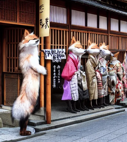 Prompt: 1 8 th century japanese street market in kyoto 1 9 0 0 s photography photo portrait anthro anthropomorphic fox head animal person fursona wearing clothes street trader
