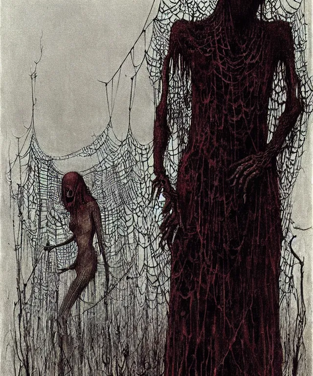 Image similar to a woman standing all covered in spiders. arachnophobia, fear of spiders, incredible number of spiders and bugs. extremely high details, spider paws and eyes, realistic, horror, creepy, web, masterpiece, art by zdzislaw beksinski, arthur rackham, dariusz zawadzki, hermann nitsch