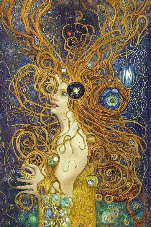 Image similar to The Someday Box by Karol Bak, Jean Deville, Gustav Klimt, and Vincent Van Gogh, mystic eye, otherworldly, elegant donation box, beautiful elaborate jeweled reliquary, tendrils of smoke escaping from the keyhole of a box, spiraling wisps of colorful mist, lightning, fractal structures, arcane, inferno, inscribed runes, infernal relics, ornate gilded medieval icon, third eye, spirals
