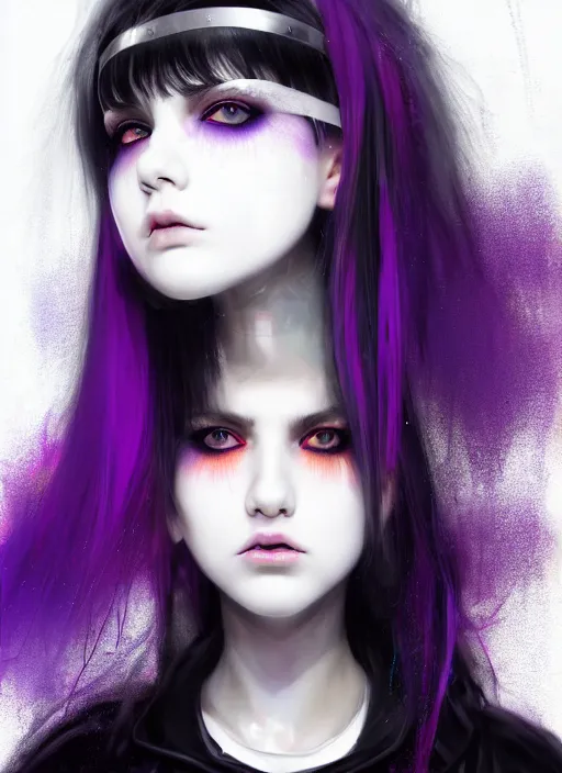 Image similar to whitebangs, black hair, black cyberlox, portrait of normal teenage girl, normal face, white bangs, fluffy bangs, cyberlox, whitebangs, red contact lenses, purple background, intricate, elegant, highly detailed, digital painting, artstation, concept art, sharp focus, smooth, illustration, art by wlop, mars ravelo and greg rutkowski