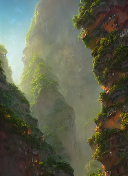 Prompt: city built on terraces in a gigantic canyon, lots of buildings connected by hanging bridges, waterfalls, lush vegetation, pitchblack sky, extremly detailed digital painting, in the style of andreas rocha and noah bradley and tyler edlin and peter mohrbacher, mystical colors, rim light, beautiful lighting, 8 k, stunning scene, raytracing, octane, trending on artstation