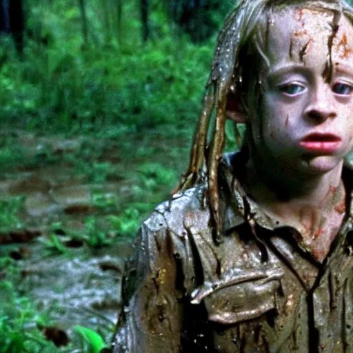 Prompt: cinematic still of macaulay culkin age 8, covered in mud and watching a predator in a swamp in 1 9 8 7 movie predator, hd, 4 k