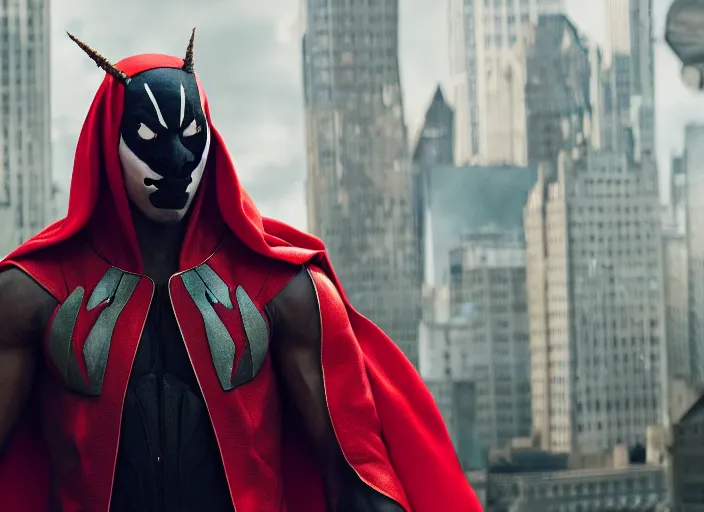 Image similar to film still of michael b jordan as spawn in the new spawn movie, giant chains, large cape, 8 k