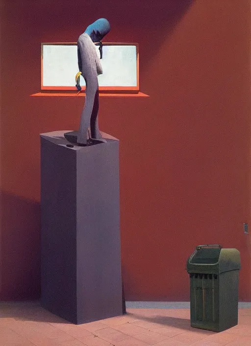 Prompt: magician with a tras over his head praying to a statue of a trash bin Edward Hopper and James Gilleard, Zdzislaw Beksinski highly detailed