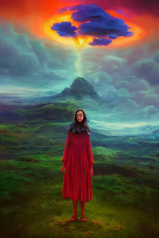 Image similar to closeup giant dahlia flower over the head, girl standing on mountain, surreal photography, blue storm clouds, dramatic light, impressionist painting, digital painting, artstation, simon stalenhag