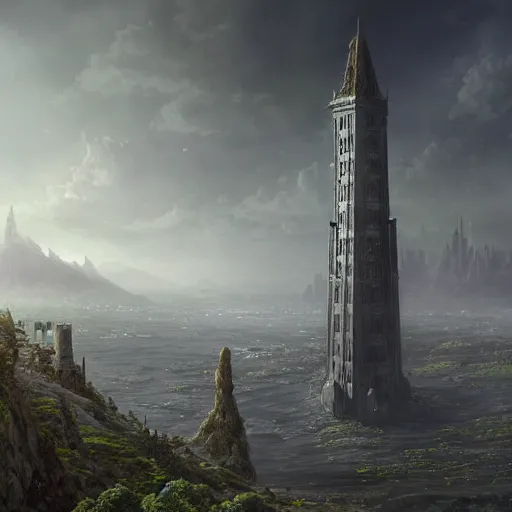 Prompt: an ultra detailed matte painting of a lonely and impossibly tall ominous dark tower elevated high above the city, on an isolated plateau island in a river elevated high above the city fortress tower, fantasy capital city, ultrawide lense, aerial photography, volumetric lighting, exquisite detail, 8 k, art by artgerm and greg rutkowski and alphonse mucha