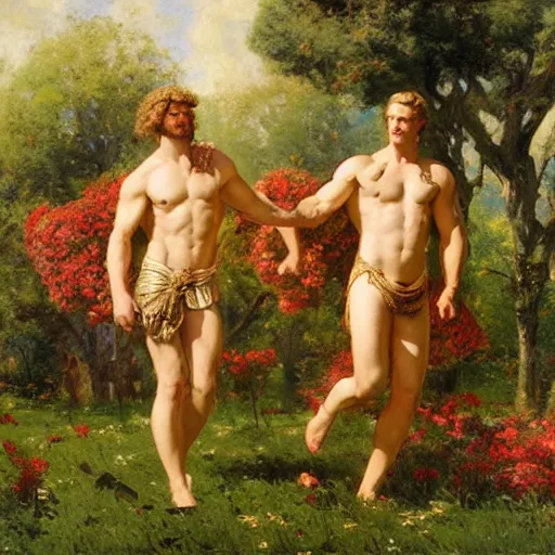 Image similar to hercules and achilles frolic in a meadow of beautiful flowers, large topiary and marble pillars in the background, painting by gaston bussiere, craig mullins, j. c. leyendecker, tom of finland