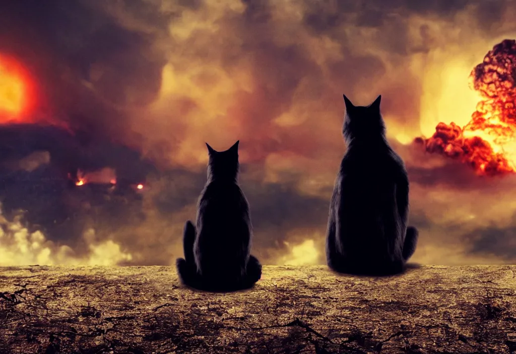 Image similar to old man sitting with black cat watching nuke explosion close up shot from behind, cinematic movie close up shot from behind, background blur bokeh, world ending nuke, 4 k