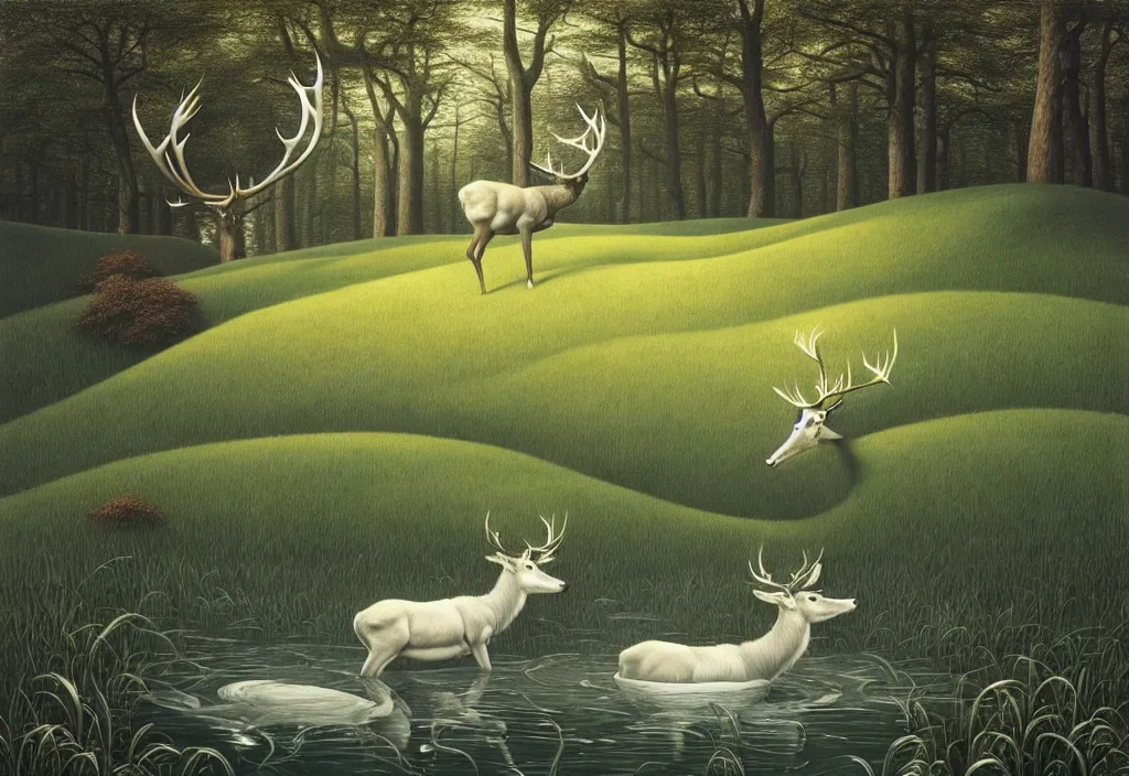 Prompt: hyper detailed 3d render like a Oil painting - white stag drinking from a silvery pool in a peaceful lush meadow, by Jacek Yerka, Mariusz Lewandowski, Houdini algorithmic generative render, Abstract brush strokes, Masterpiece, Edward Hopper and James Gilleard, Zdzislaw Beksinski, Mark Ryden, Wolfgang Lettl, hints of Yayoi Kasuma, octane render, 8k