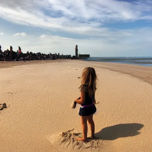 Image similar to a huge tower of sand on the beach a little girl standing next to it