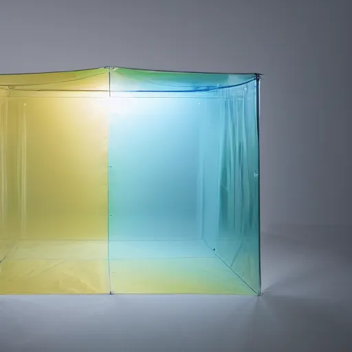 Prompt: an ultra high definition professional studio quality photograph of a transparent iridescent perspex pastel coloured raincoat tent combo on a model in an empty white room. dramatic lighting, ray tracing, refraction, shallow d. o. f, colour corrected, golden ratio, three point light. volumetric shadows. light rays.