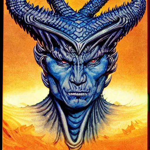 Image similar to head and shoulders portrait of a medieval d & d fantasy anthropomorphic blue dragon - headed sorcerer, d & d rulebook cover art by jeff easley, hr giger, and frank miller