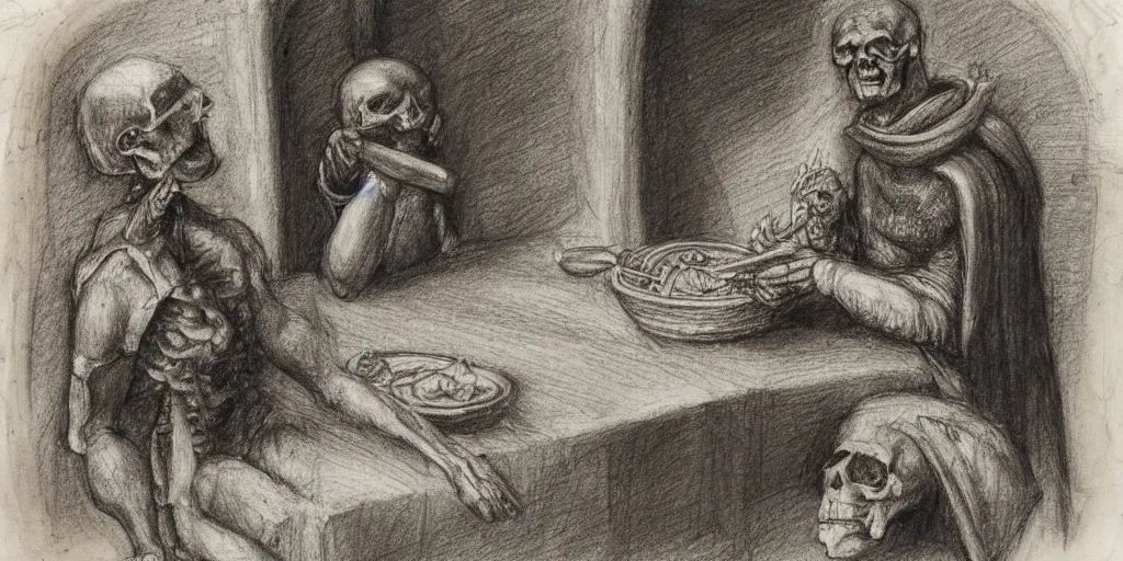 Image similar to Charcoal pencil portrait of a Roman emperor sharing dinner with a mummified skeleton, sketchbook, Leonardo da Vinci