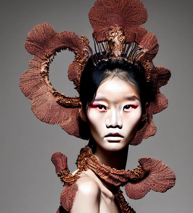 Prompt: photography face portrait of stunning japanese model like ming xi. great hair style, half in shadow, natural pose, natural lighing, rim lighting, wearing ornate stunning cloth created by iris van herpen, with a colorfull makeup by benjamin puckey, highly detailed, skin grain detail, photography by paolo roversi