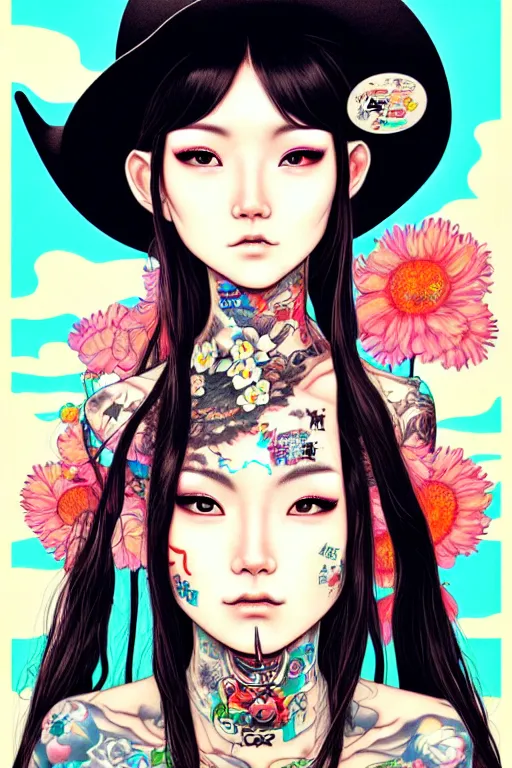 Image similar to full view of cowboy girl from taiwan with tattoos, wearing a cowboy hat, style of yoshii chie and hikari shimoda and martine johanna, highly detailed