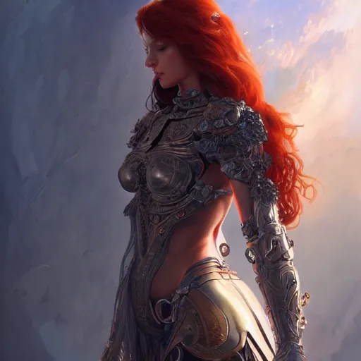 Image similar to ascending dark full body redhead goddess angel, intricate armor, highly detailed, digital painting, artstation, concept art, smooth, sharp focus, illustration, Unreal Engine 5, 8K, art by artgerm and greg rutkowski and alphonse mucha