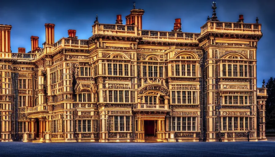 Prompt: portrait of a grand tudor palace exterior, tudor, detailed, deep focus, dramatic lighting, ray tracing, photograph