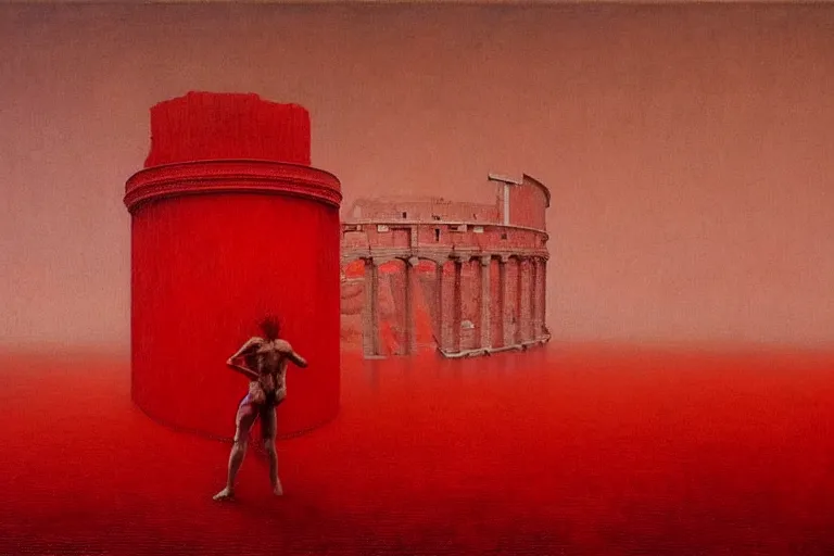 Image similar to only with red, caesar after war, the deal, a red tiger, in hoc signo vinces, rome in background, an ancient path, in the style of beksinski, part by hopper, part by rodcenko, part by hofbauer, intricate composition, red by caravaggio, insanely quality, highly detailed, masterpiece, red light, artstation