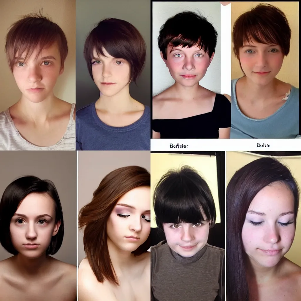 Prompt: a short haired teenage girl before and after make up