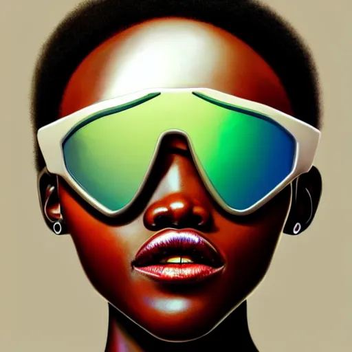 Image similar to Lupita Nyongo wearing opaque reflective goggles profile picture by Greg Rutkowski, brown skin, long afro hair, asymmetrical, futuristic, volumetric lights, cool colors, streetwear, studio ghibli, Organic Painting , Matte Painting, geometric shapes, hard edges, street art, trending on the artstation, fantasy LUT, realistic by Sachin Teng + Martin Grip + Moebius, techwear, Industrial Scifi, detailed illustration, character portrait,