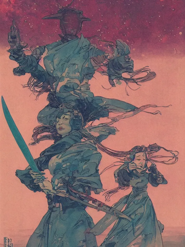 Image similar to on a strange vintage scifi planet, a samurai wizard warrior goddess with sword, vintage scifi poster, winslow homer, moebius, roger dean, artstation