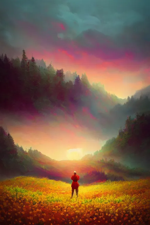 Prompt: giant daisy flower head, walking in the mountains, surreal photography, sunrise, dramatic light, impressionist painting, colorful clouds, digital painting, artstation, simon stalenhag