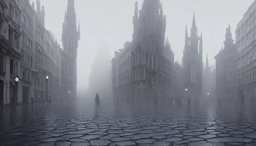 Image similar to empty streets od neo - gothic brussels in fog, wet ground, hyperdetailed, artstation, cgsociety, 8 k