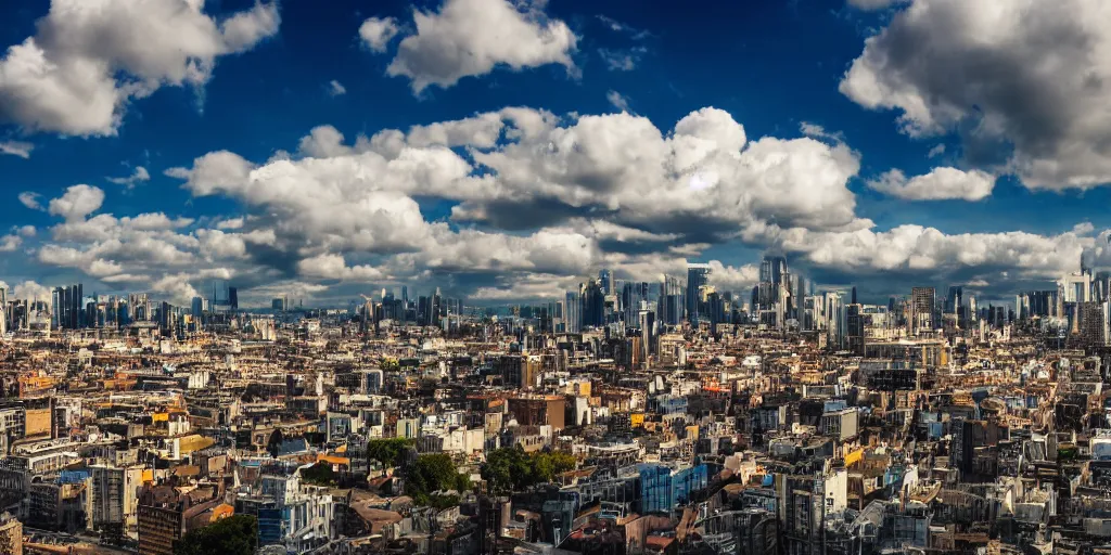 Image similar to large city, wide shot, sunny day, clouds, beautiful, national geographic, professional photography, detailed buildings, 4k, DSLR, HDR,