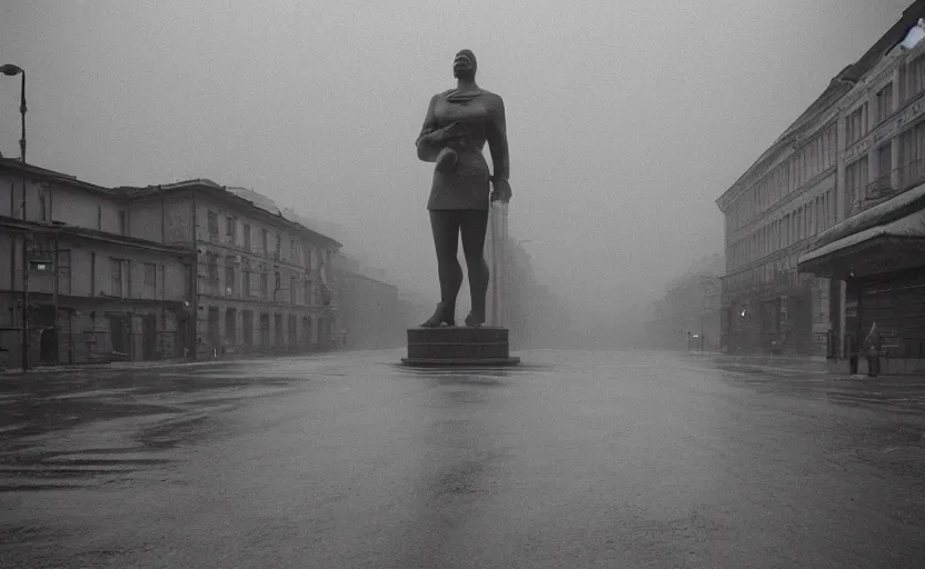 Image similar to 40s movie still of a sovietic street with a big statue of Lenine , Cinestill 800t 18mm, heavy grainy picture, very detailed, high quality, 4k panoramic, HD criterion, dramatic lightning, rain, mud, foggy