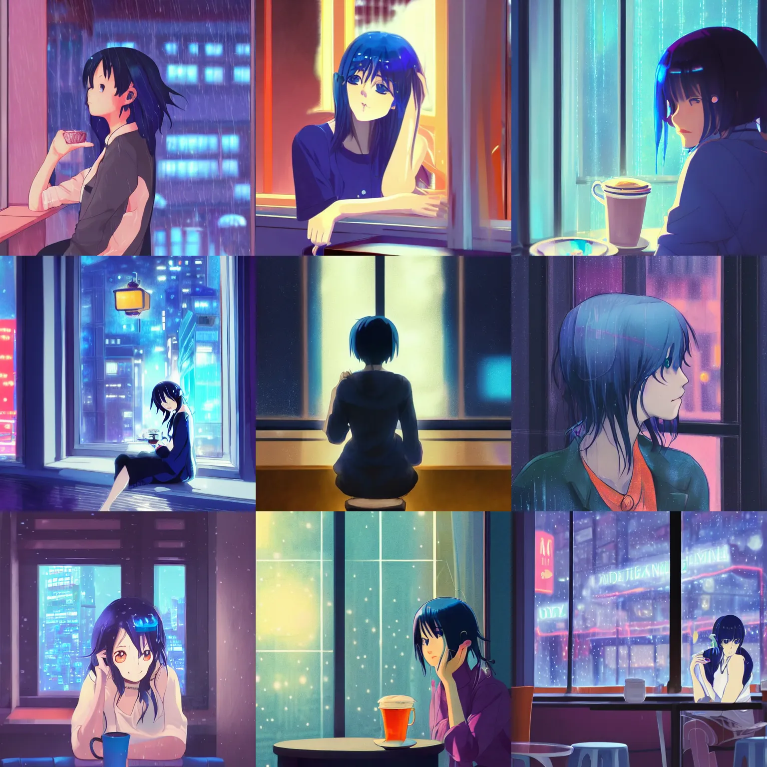 Prompt: beautiful anime portrait of a woman with dark-blue hair sitting in a cafe next to a window, rainy night, outside are neon lights from a dense city, by makoto shinkai, kimi no na wa, artstation, atsmospheric, high detail