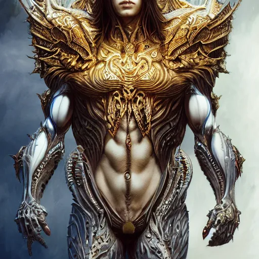 Image similar to a beautiful symmetrical muscular body wearing a dragon armor made of golden ornaments and gems, white wings by alex gray and android jones , Karol Bak, Ayami Kojima, Amano , concept art, character design, fantasy,3D, 8k resolution