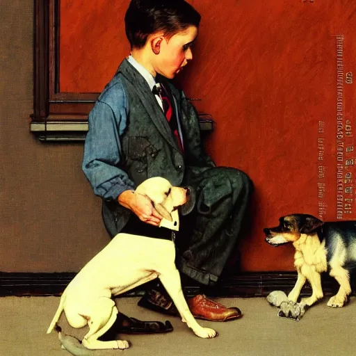 Image similar to A sad boy his hands at his face looking to a dog, artwork by Norman Rockwell, cinematic view, high quality