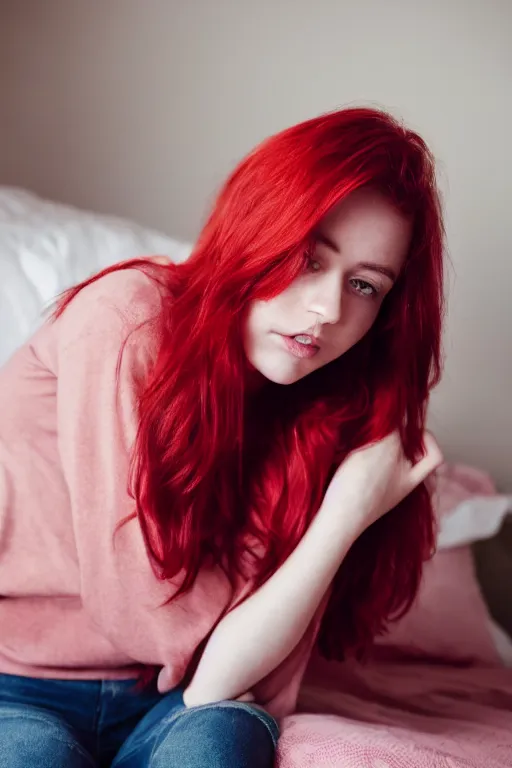 Prompt: a cinematic headshot portrait of a young woman with messy vibrant ariel red hair, sitting on her bed, single woman bedroom, jean and cute pullover, ultra realistic, depth, beautiful lighting