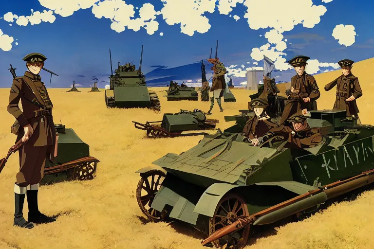 Image similar to anime key visual depicting the horros 1 9 1 8 great war, anime maids riding early tanks, matriarchy, old bolt action rifles, biplanes in the sky, blood anguish terror, jamie wyeth james gilleard edward hopper greg rutkowski acrylic painting, preserved museum piece, historical