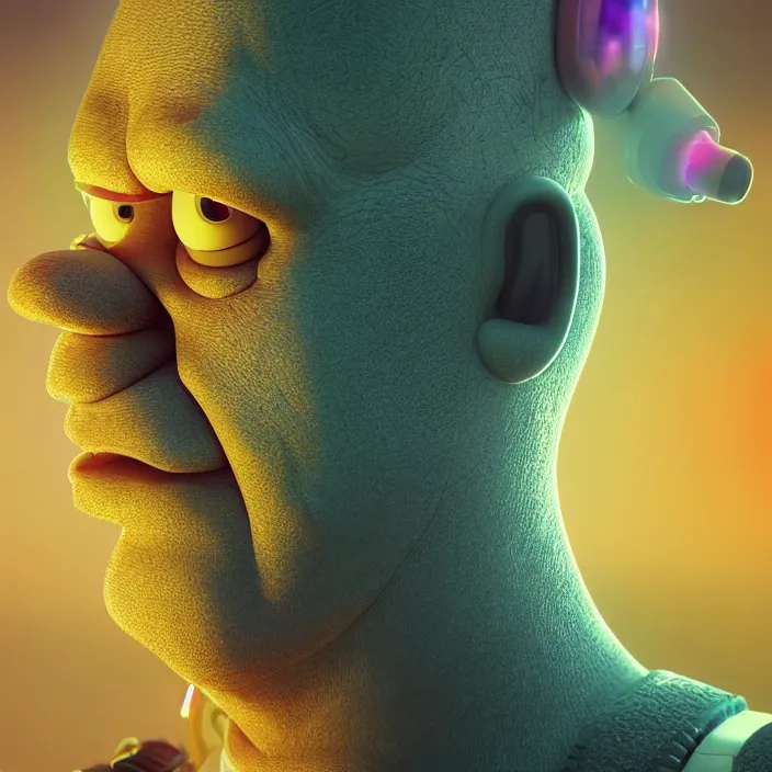 Image similar to portrait art of 8k ultra realistic retro futuristic Homer Simpson, lens flare, atmosphere, glow, detailed,intricate,blade runner, cybernetic, full of colour, cinematic lighting, trending on artstation, 4k, hyperrealistic, focused, extreme details, unreal engine 5, cinematic, masterpiece, art by ayami kojima, giger