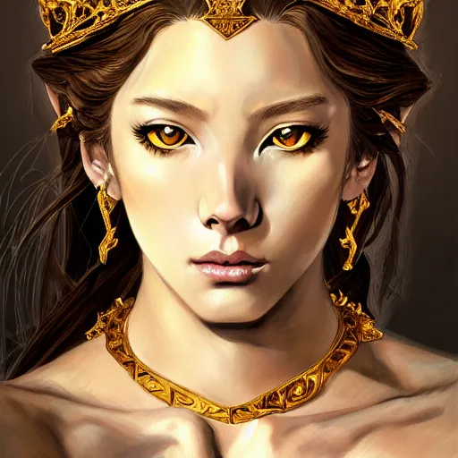 Image similar to highly detailed portrait of a majestic lioness queen in the form of a beautiful woman. d & d. art by eugene delacroix and takeshi obata. trending on artstation, intricate details, energetic composition, golden ratio, concept art, illustration, elegant art, global illuminaition