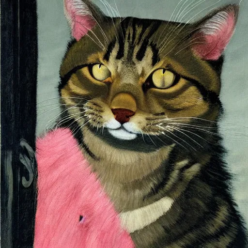 Prompt: fuzzy furry ears Portrait of Man camouflaged as Tabby Cat whilst wearing a pink tuxedo Standing atop a Garbage Truck Eric Ravilious Edward Hopper Newell Convers Wyeth Andrew Wyeth Jamie Wyeth