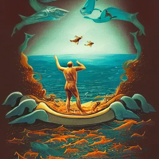 Image similar to man on boat crossing a body of water in hell with creatures in the water, sea of souls, by studio 4 c