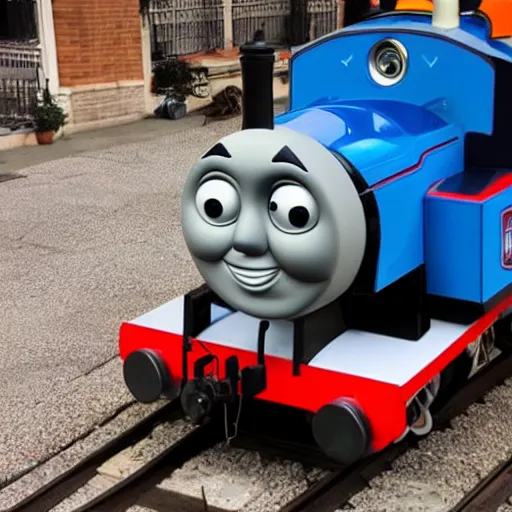 Prompt: Thomas the tank engine walks down the street