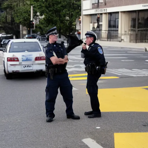 Prompt: a small angry man stands on a chair yelling at a policeman for protecting a crosswalk, high resolution photo