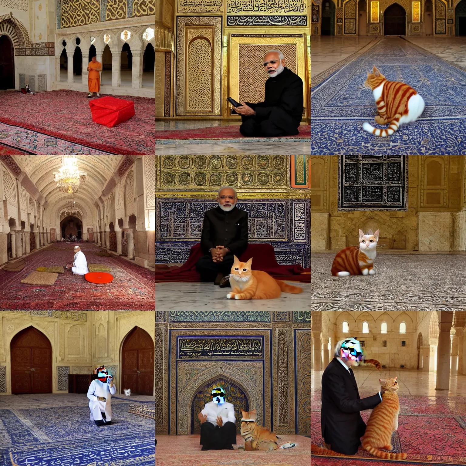 Prompt: narendra modi in the al aqsa mosque, ginger cat on the floor, cinematic lightning