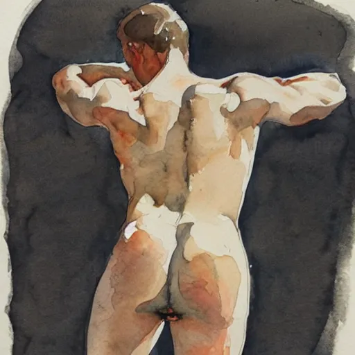 Prompt: the lower back of a beautiful man. watercolor with pancil by hugo pratt.