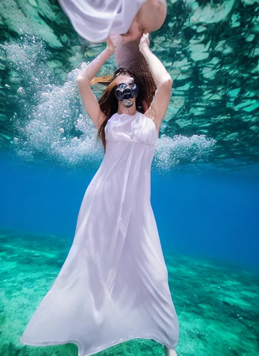 Image similar to empty long dress, floats underwater in the sea,