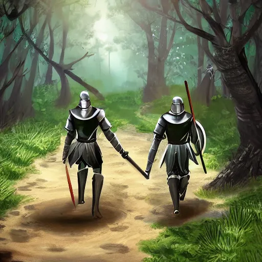 Prompt: Knight Theo is all in iron armor and his squire, who only has a spear, are walking along a forest path. Beautiful 8k style